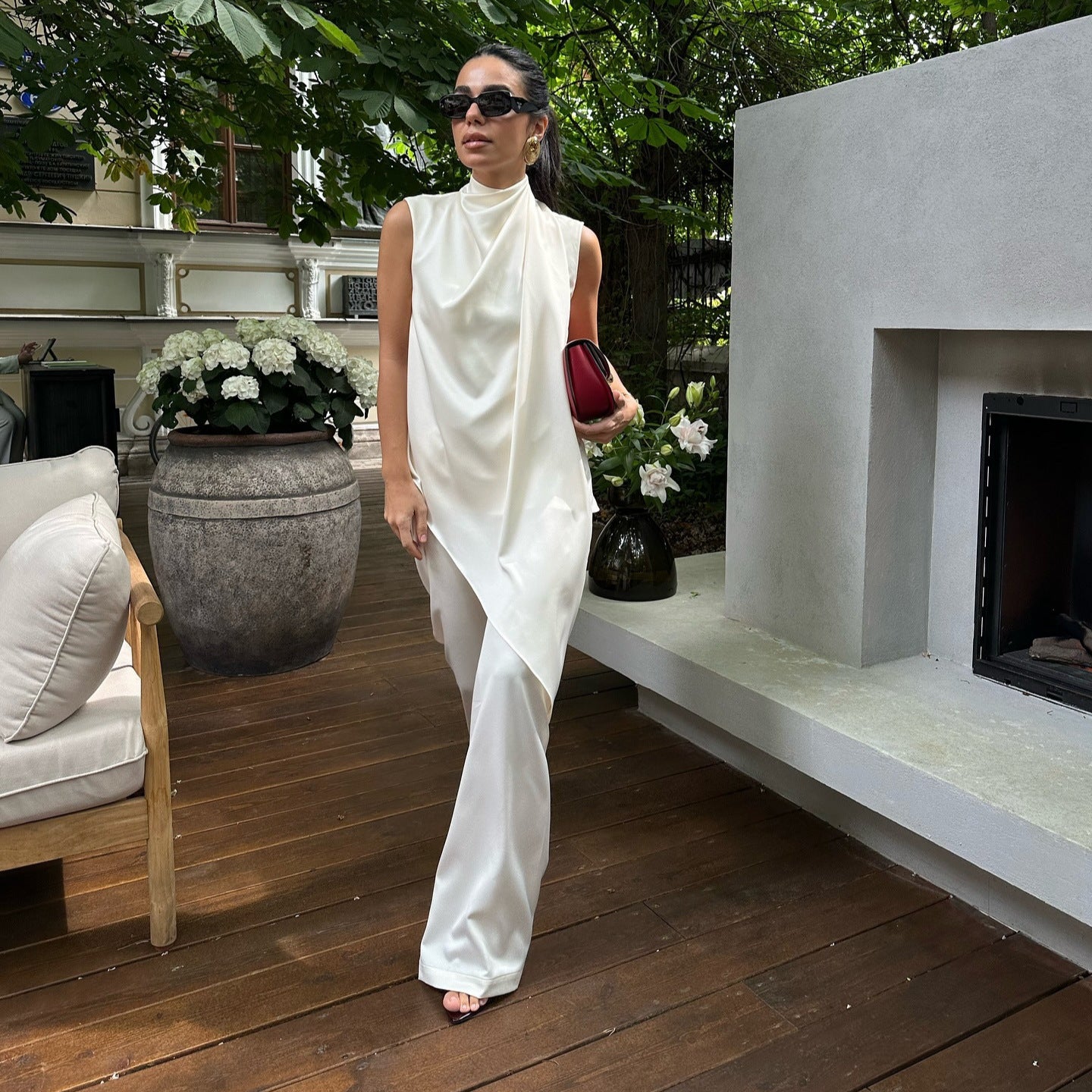 Sleeveless Satin Irregular Hem Half Collar Top Trousers Suit