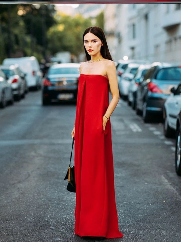 Sizzling Scarlet- Tube top jumpsuit for women fashion street shot red floor-length pants trend Red Jumpsuits pants