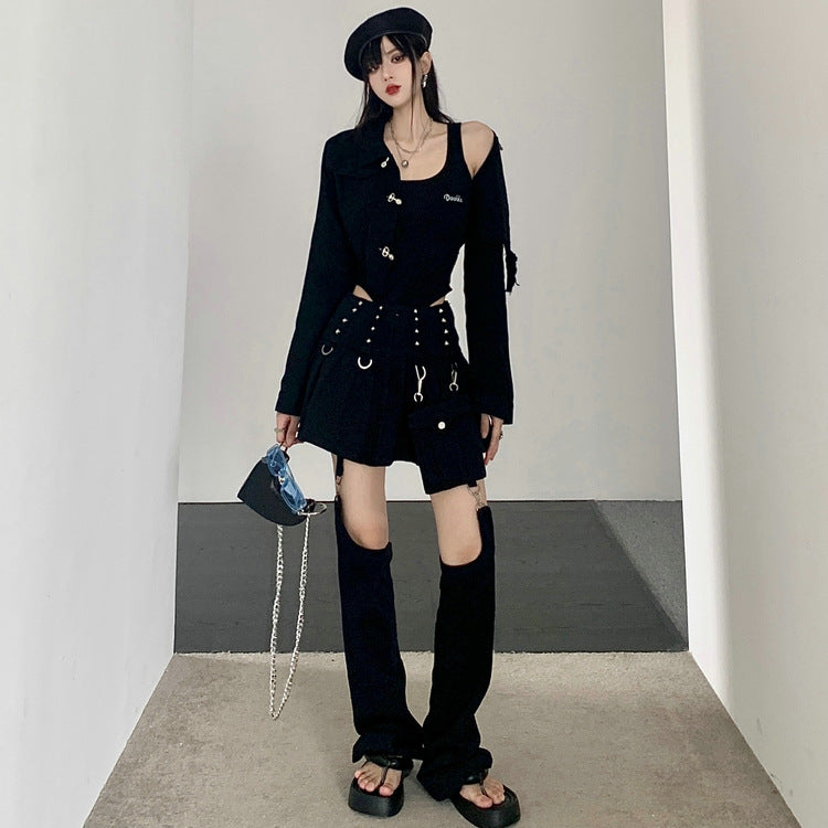 Retro Chic Denim Three-Piece Suit: Fashion autumn women's suit 2023 new American retro short denim jacket high waist pleated pants skirt three-piece suit