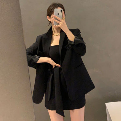 Chic temperament lapel loose long-sleeved suit short jacket + tie waist vest dress suit for women