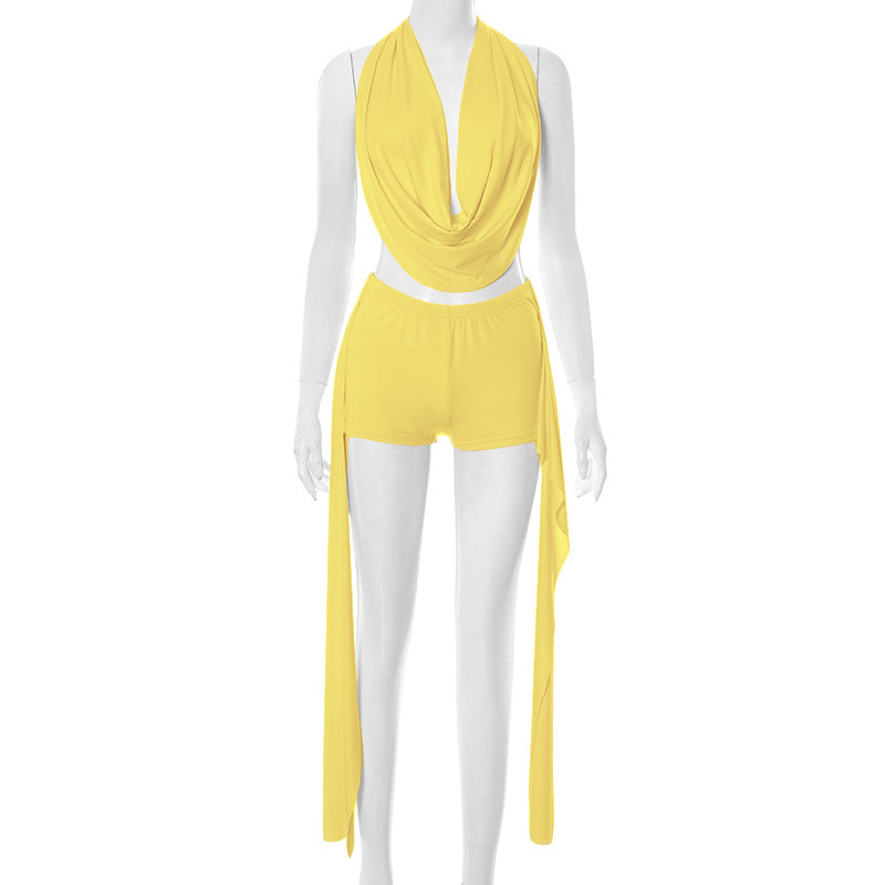 Women's Spring And Summer Halter Stacked Top Ribbon Knot Suit