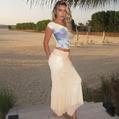 Summer New Casual Contrast Color Printed Top Lace Skirt Two-piece Set