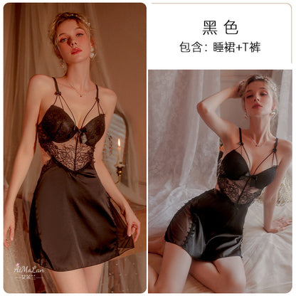 Feminine Desire Lace Nightdress: steel support gathered with chest pads, feminine and charming suspender nightdress, lace hollow pure desire style beautiful back pajamas