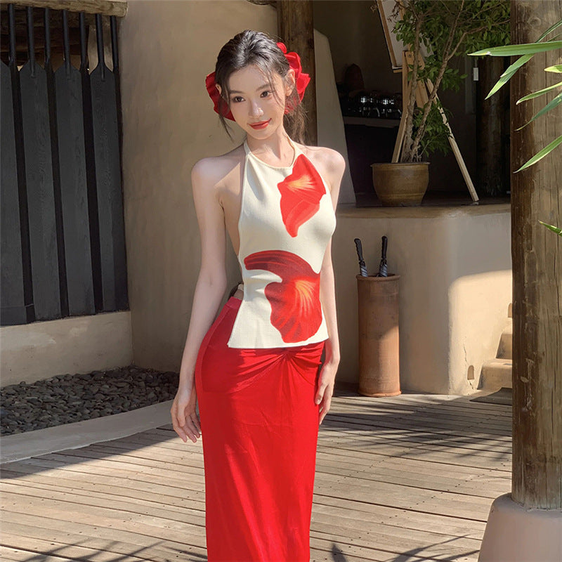 Backless Halter Vest Sheath Skirt Suit