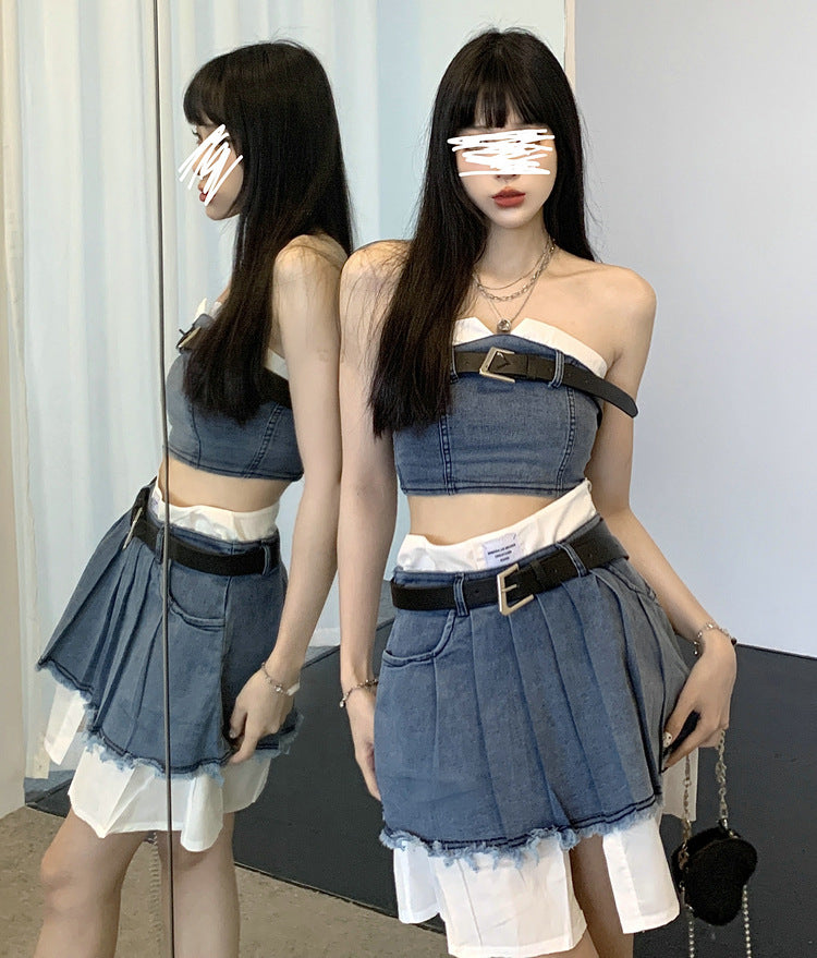 Summer Hot Girl Workwear Style Tube Top Vest & Denim Skirt Set