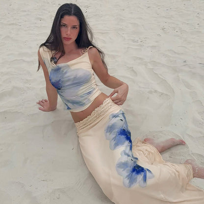 Summer New Casual Contrast Color Printed Top Lace Skirt Two-piece Set