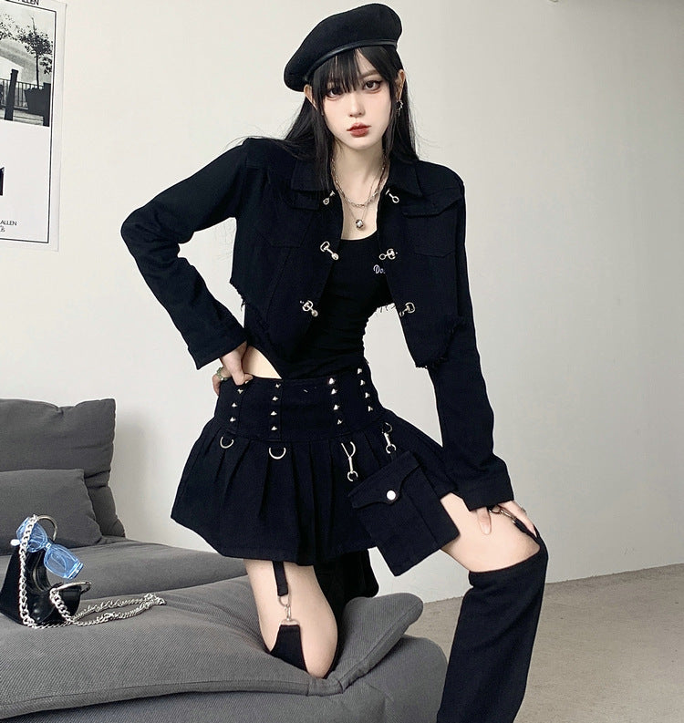 Retro Chic Denim Three-Piece Suit: Fashion autumn women's suit 2023 new American retro short denim jacket high waist pleated pants skirt three-piece suit