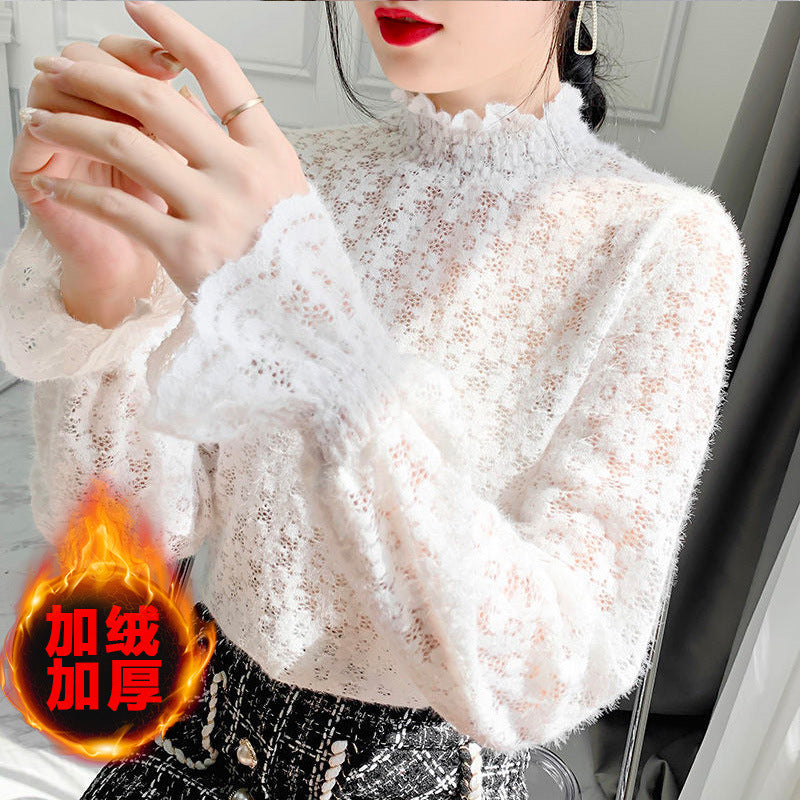 Velvet-Lined Lace Elegance Top: Half-high collar lace bottoming shirt for women autumn and winter 2022 new slim fit slimming stylish hollow plus velvet long-sleeved top