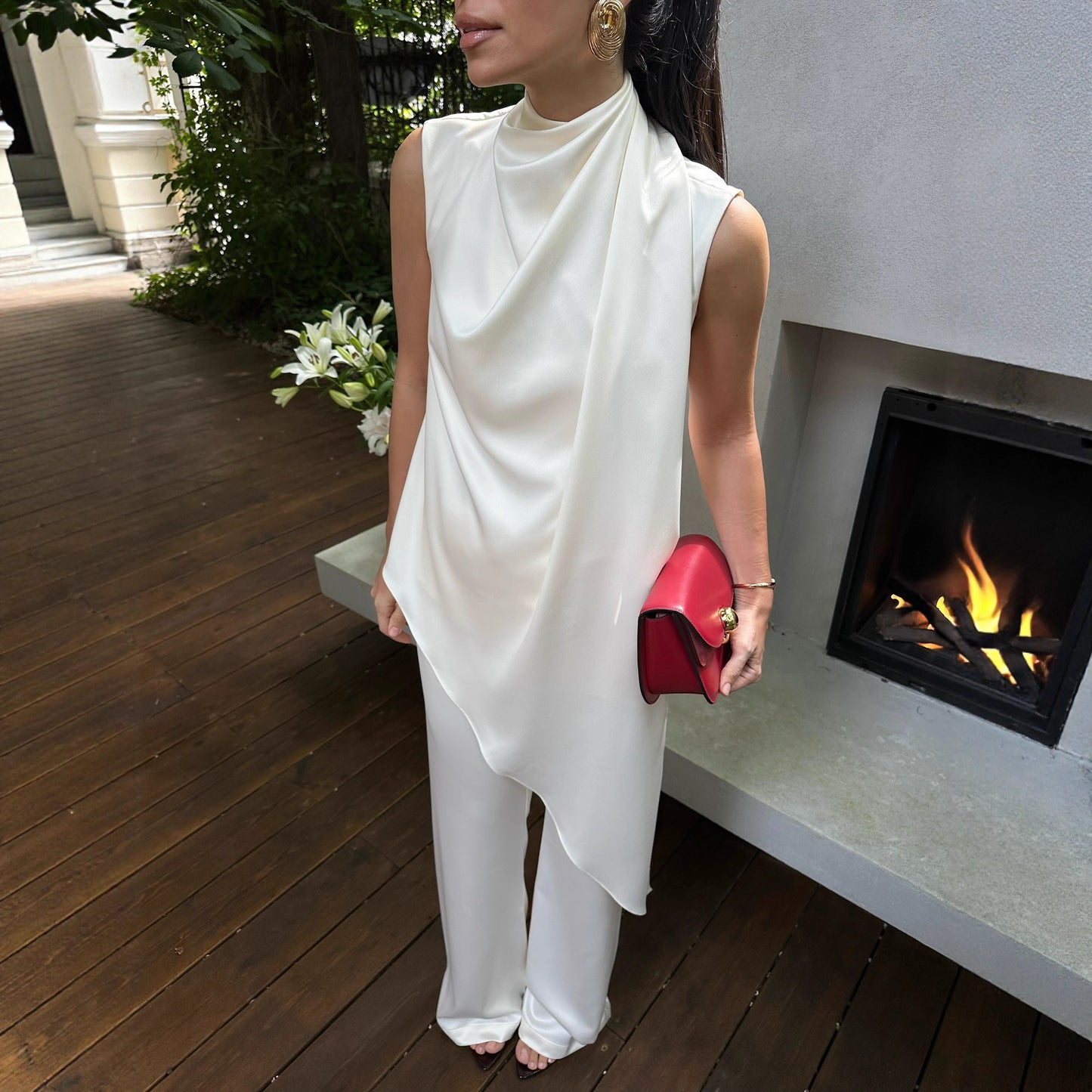 Sleeveless Satin Irregular Hem Half Collar Top Trousers Suit