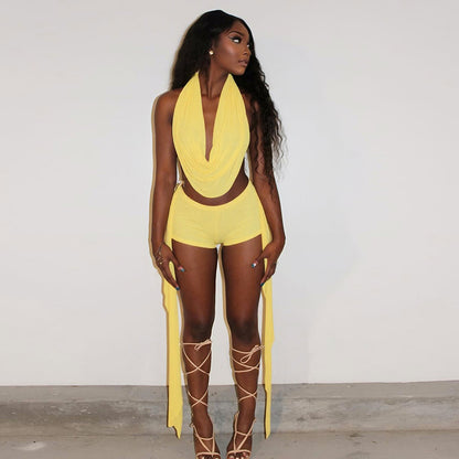 Women's Spring And Summer Halter Stacked Top Ribbon Knot Suit