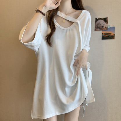 Luxe Asymmetry Plus Size T-Shirt: Plus size women's summer mid-length short-sleeved T-shirt covering the buttocks fat girl covering the belly to show thin shoulder half-sleeved top