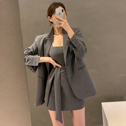 Chic temperament lapel loose long-sleeved suit short jacket + tie waist vest dress suit for women