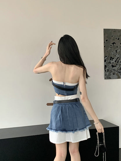 Summer Hot Girl Workwear Style Tube Top Vest & Denim Skirt Set