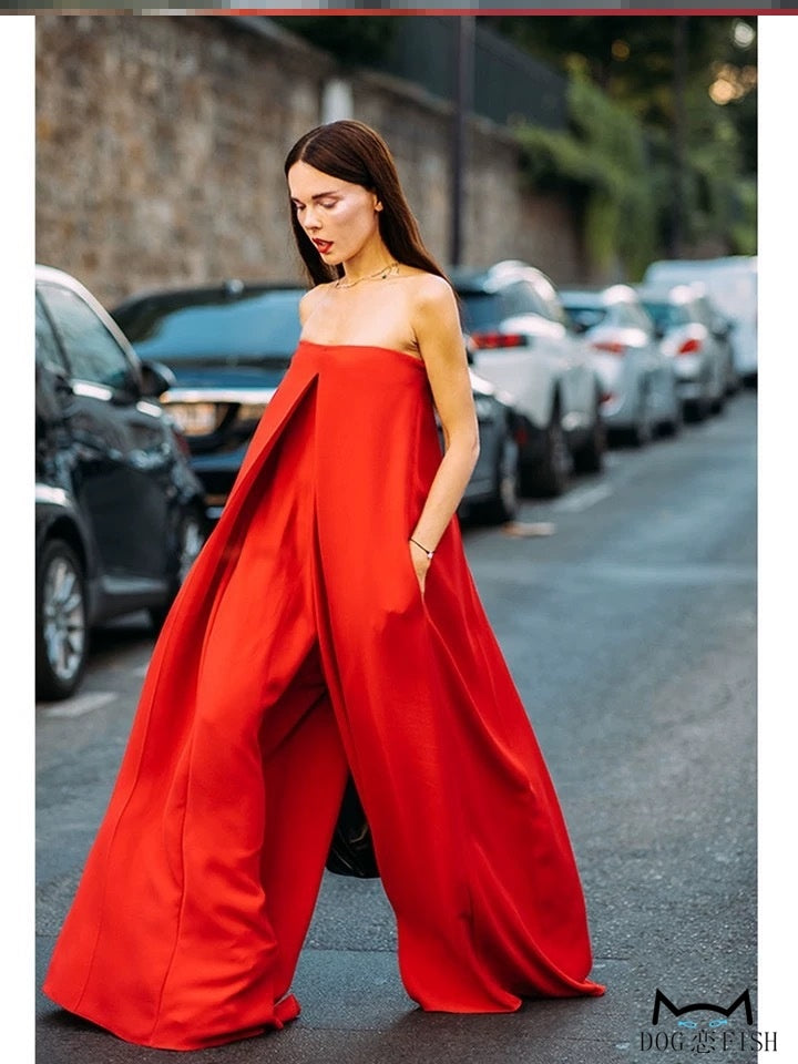 Sizzling Scarlet- Tube top jumpsuit for women fashion street shot red floor-length pants trend Red Jumpsuits pants