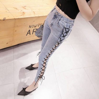 Strappy Princess Fit Jeans: Internet celebrity strappy seven or eight points jeans women's street style elastic thin short foot pencil pants