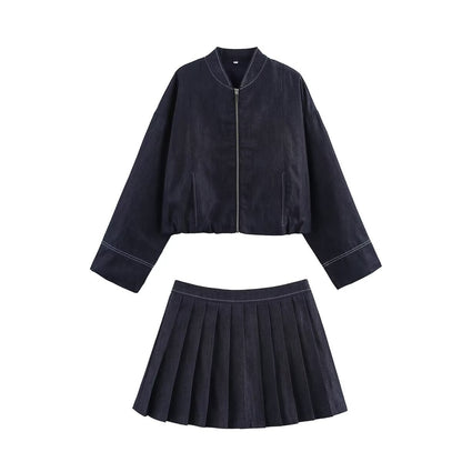 Denim Pilot Jacket Wide Pleated Denim Skirted Leggings