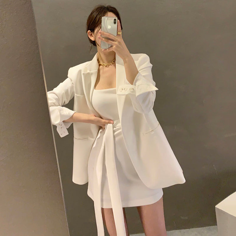 Chic temperament lapel loose long-sleeved suit short jacket + tie waist vest dress suit for women