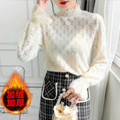 Velvet-Lined Lace Elegance Top: Half-high collar lace bottoming shirt for women autumn and winter 2022 new slim fit slimming stylish hollow plus velvet long-sleeved top