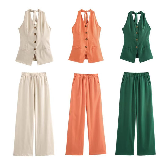 Women's Linen Halter Lace-up Top Vest Elastic Waist Wide Leg Trousers Suit