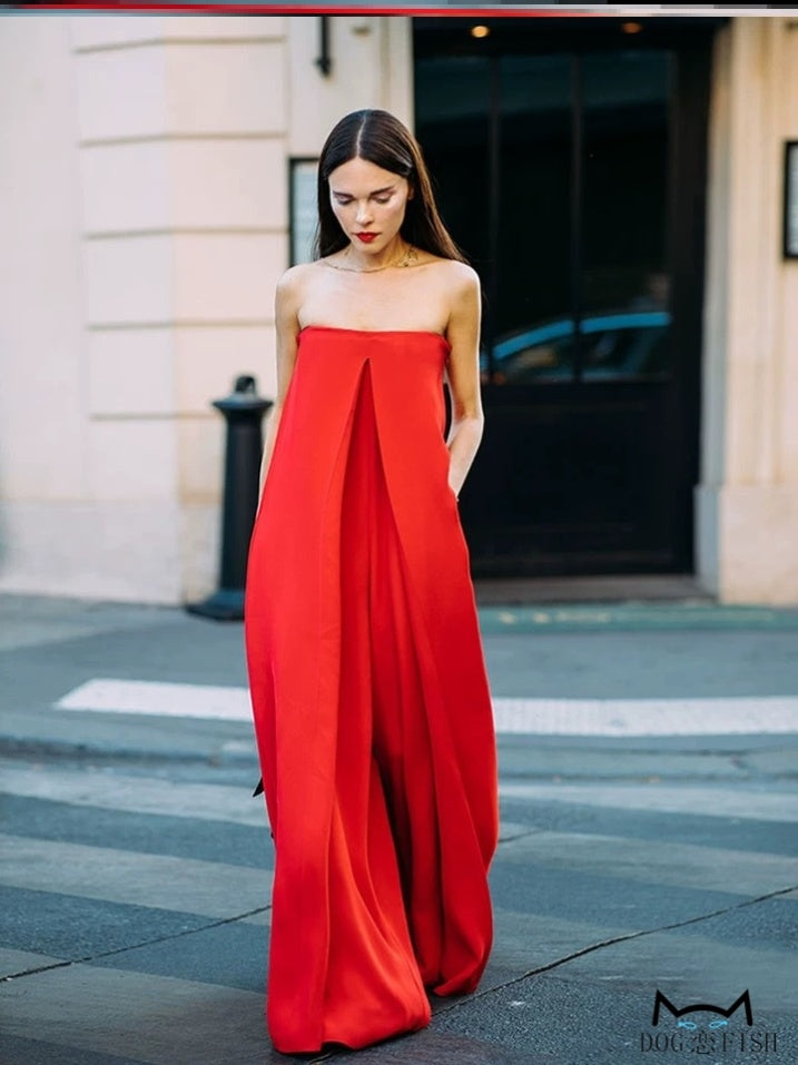 Sizzling Scarlet- Tube top jumpsuit for women fashion street shot red floor-length pants trend Red Jumpsuits pants