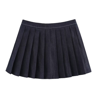 Denim Pilot Jacket Wide Pleated Denim Skirted Leggings