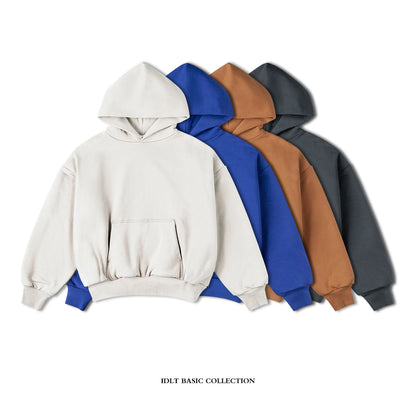 IDLT Heavy Double-Layer Hoodie: IDLT 400gX2 heavy double-layer short hoodie thickened drop shoulder sweater tide Kanye street men and women ins