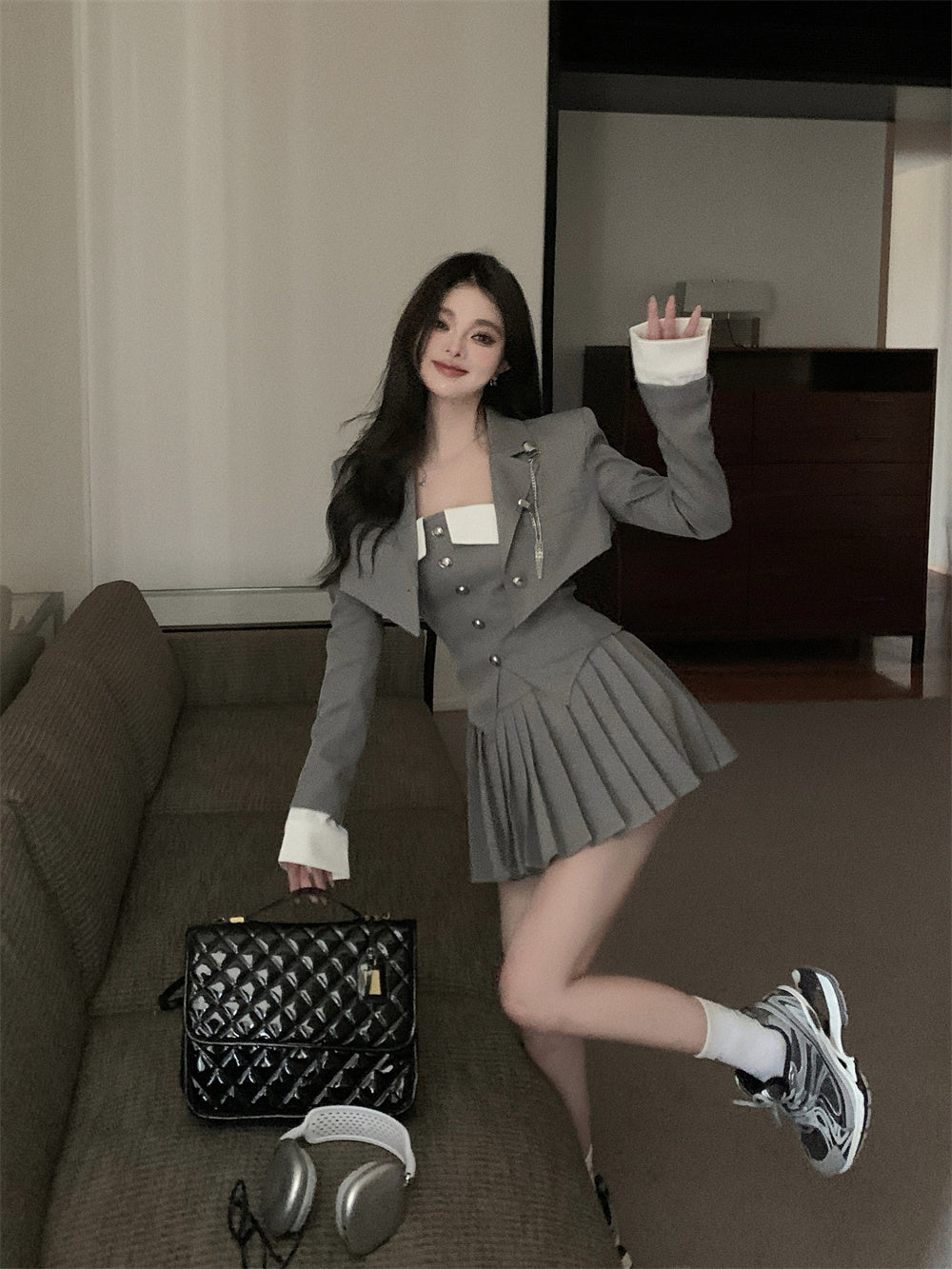 Jk uniform suit tube top vest suit jacket women's autumn high waist sexy pleated skirt skirt two-piece suit