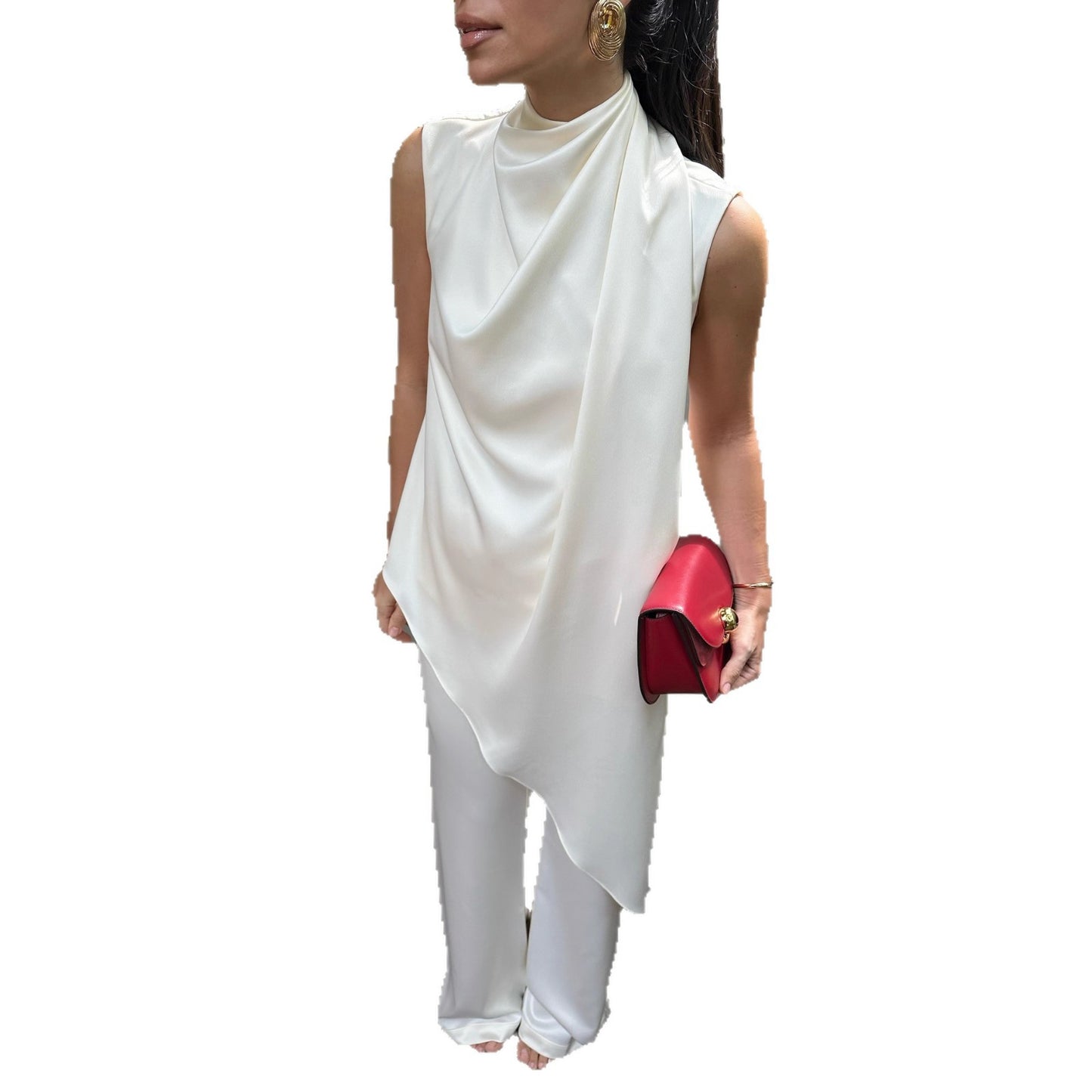 Sleeveless Satin Irregular Hem Half Collar Top Trousers Suit