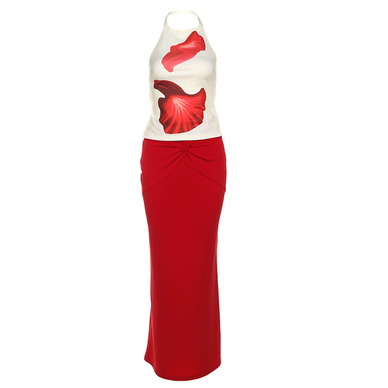 Backless Halter Vest Sheath Skirt Suit