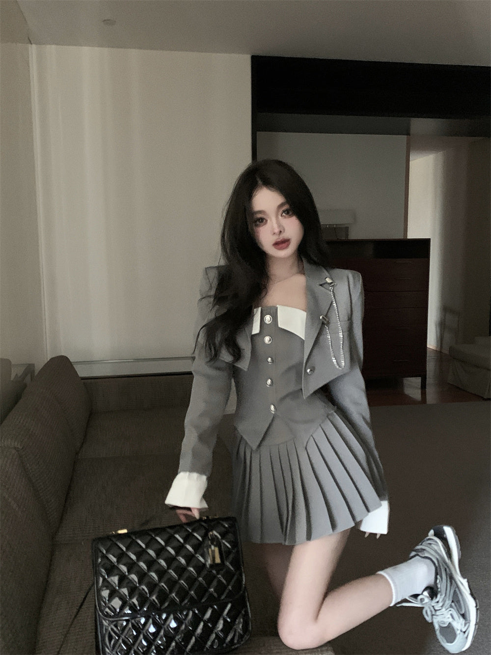 Jk uniform suit tube top vest suit jacket women's autumn high waist sexy pleated skirt skirt two-piece suit