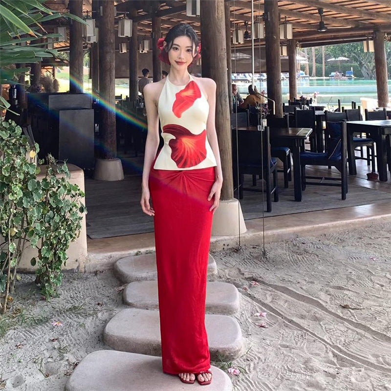 Backless Halter Vest Sheath Skirt Suit