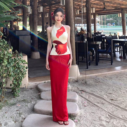 Backless Halter Vest Sheath Skirt Suit