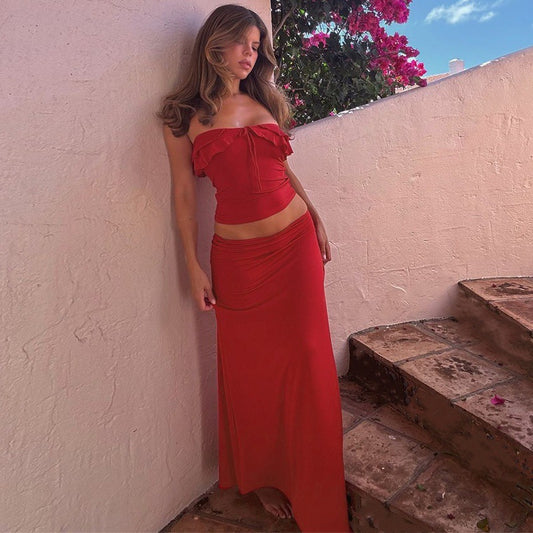 Summer New Elegant Wooden Ear Tube Top Package Hip Long Skirt Two-piece Set