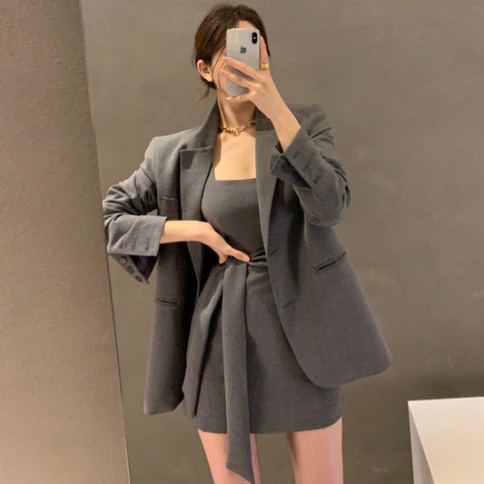 Chic temperament lapel loose long-sleeved suit short jacket + tie waist vest dress suit for women