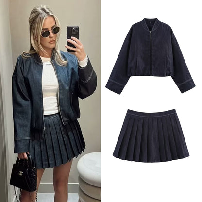 Denim Pilot Jacket Wide Pleated Denim Skirted Leggings