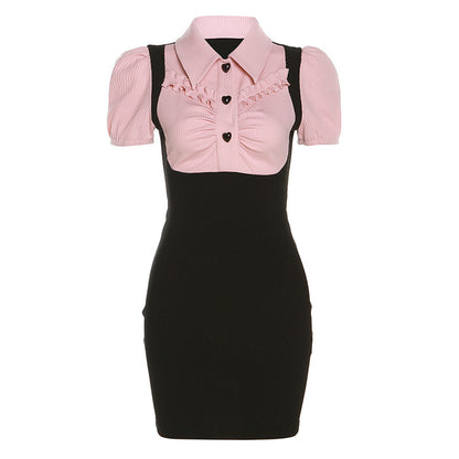 KLIOU Contrast Color Love Button Dress: KLIOU Pink and age-reducing college style contrast color love button dress female scheming backless bow hip skirt