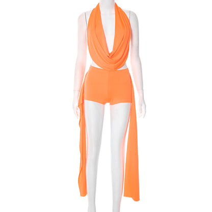 Women's Spring And Summer Halter Stacked Top Ribbon Knot Suit