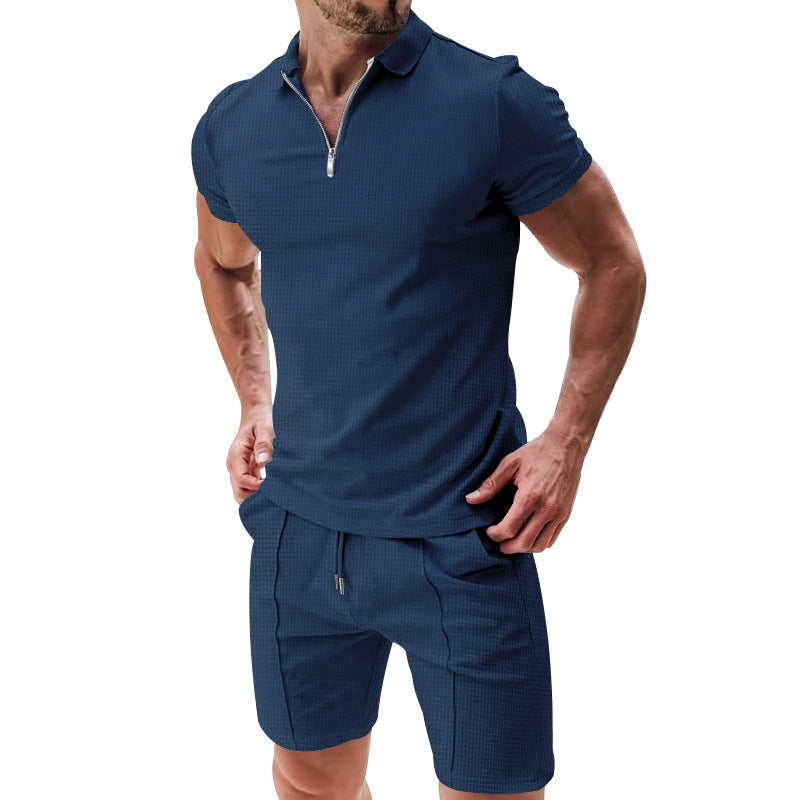 Versatile Weekend Waffle Set: 2Pcs Casual Waffle Suit Summer Zipper Lapel Short-sleeved Top And Drawstring Pockets Shorts Versatile Solid Color T-shirt Set For Mens Clothing