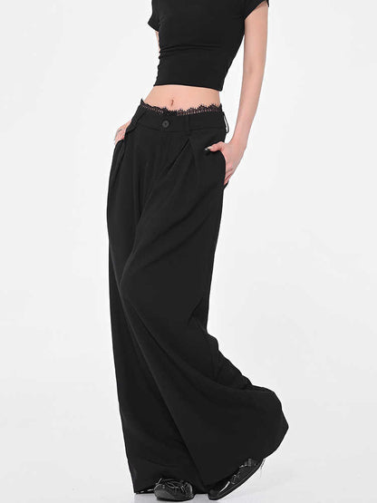 Black Wide-leg Suit Pants Lace Stitching Women's Casual Pants