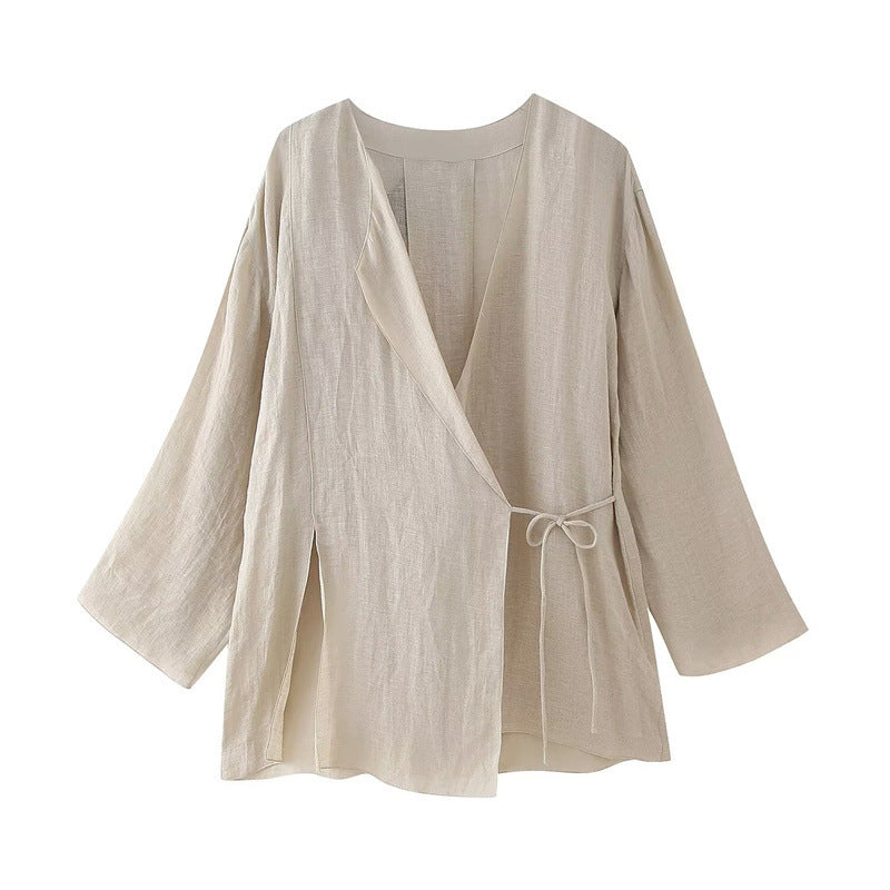 Women's Linen Split Coat Wide Leg Pants Suit