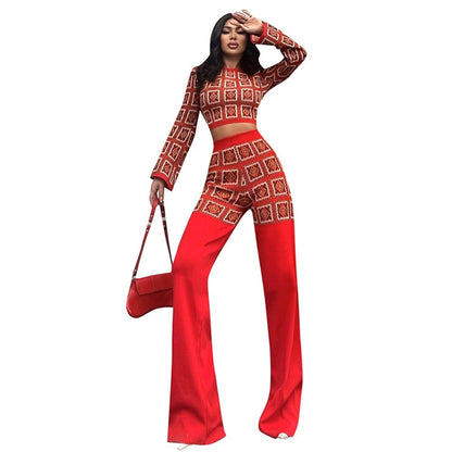 European And American National Style Printed Plaid Top And Trousers Suit