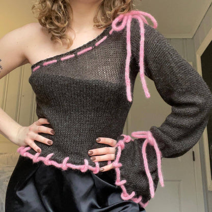 Oblique Shoulder Tops Contrast Color Bell Sleeve Off-shoulder Sexy Knitwear