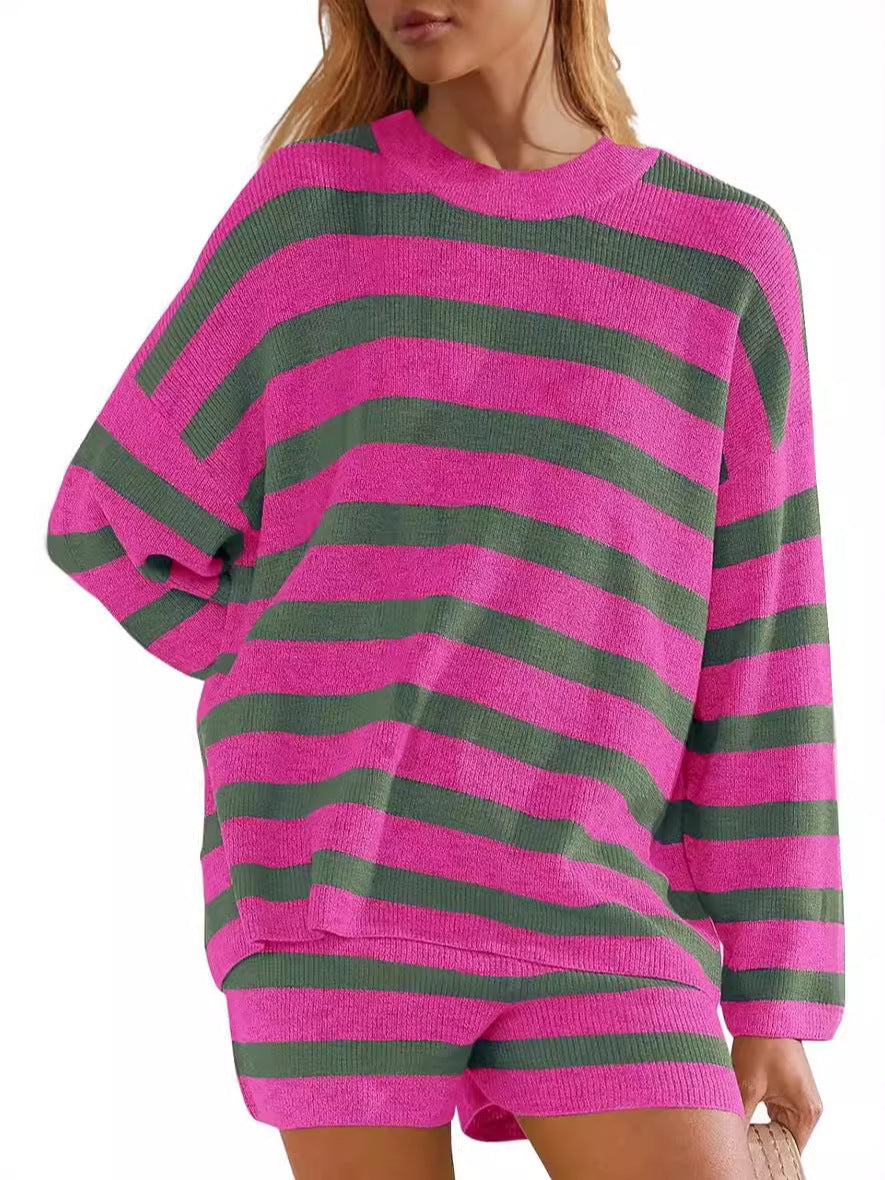 Vibrant Stripes Knitted Two-Piece Set: Women's Knitted Color Matching Suit Striped Long Sleeve