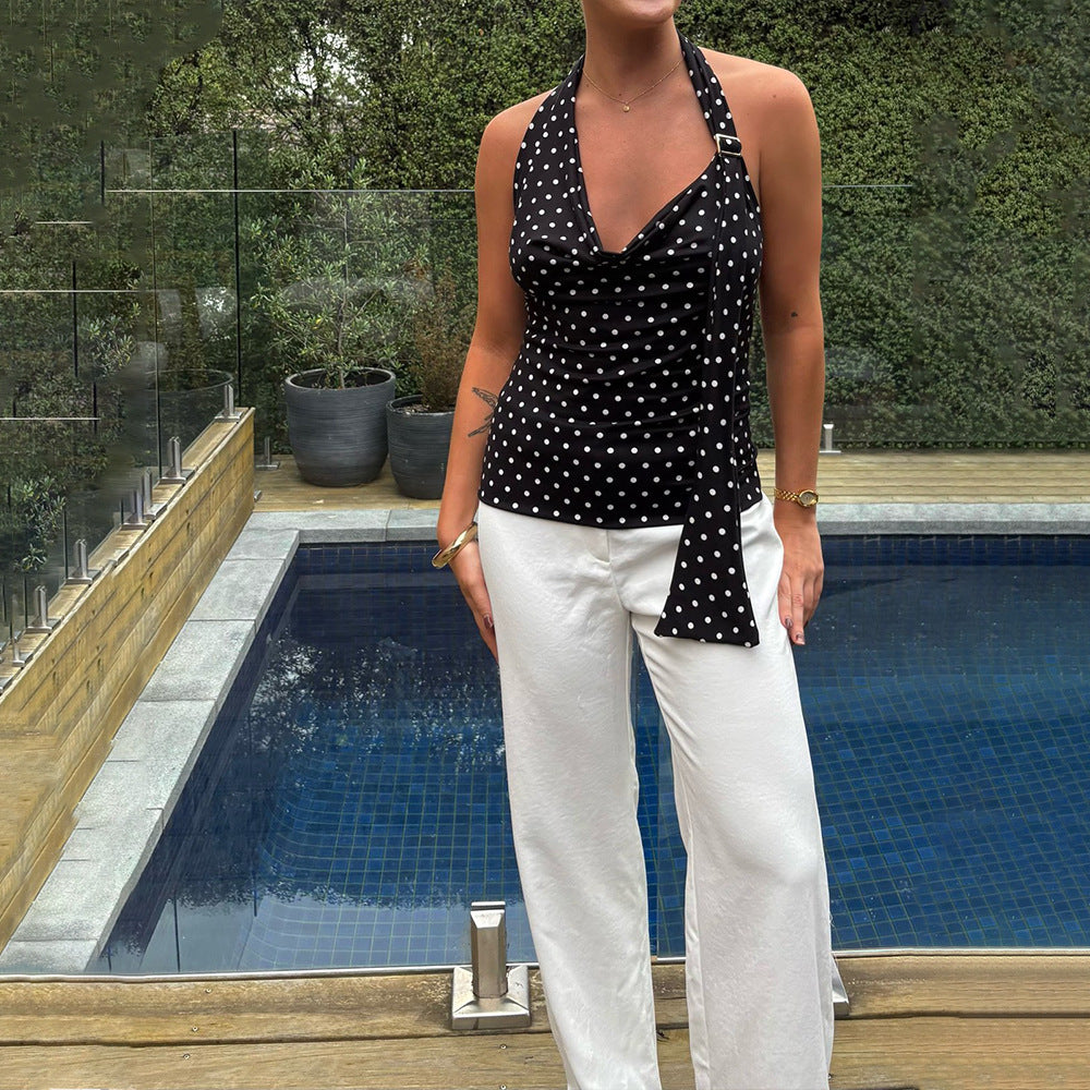 Women's V-neck Halter Polka Dot Top Slim Fit Backless