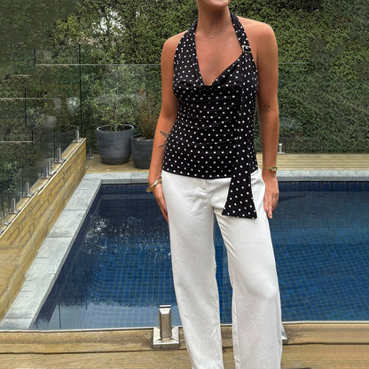 Women's V-neck Halter Polka Dot Top Slim Fit Backless