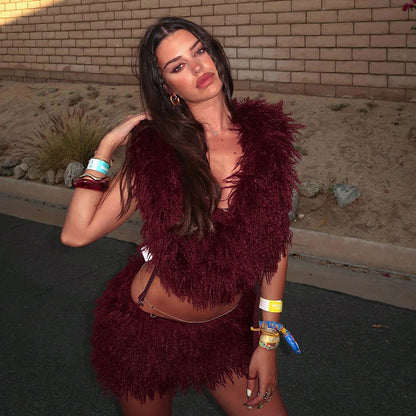 U-neck Hooded Backless Miniskirt Two-piece Suit For Women