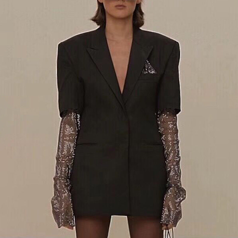 British Style Elegant Hot Bead Net Small Suit Stitching Long Sleeve Small Suit Jacket