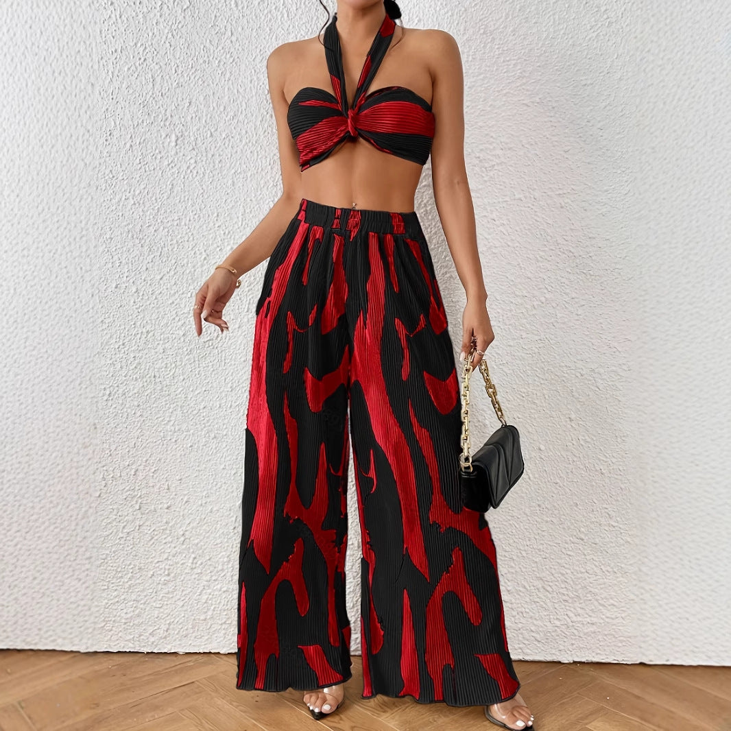 Halter Tube Top Flame Wide-leg Pants Suit