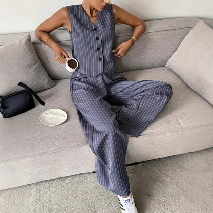 Single-breasted Striped Vest Wide-leg Pants Casual Suit