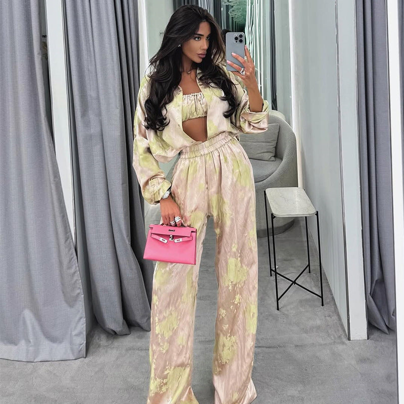 Lapel Long Sleeve Shirt Tube Top Wide Leg Pants Three-piece Set
